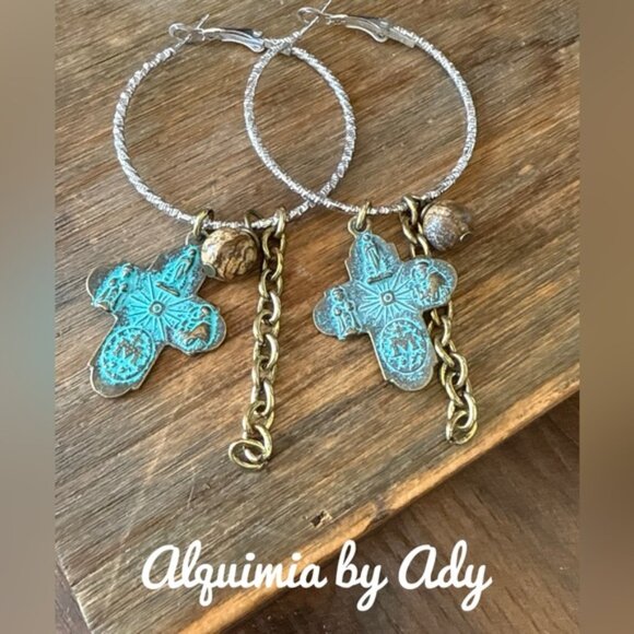 Alquimia Jewelry - PATINA + Jasper Cross Shoulder‑Duster Hoops | Boho Tribal Statement